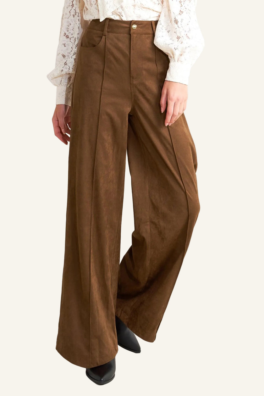 Brown wide-leg pants worn by a person on a white background